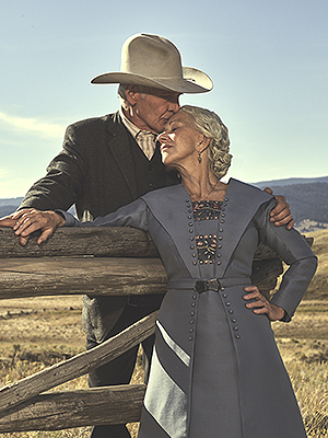 Harrison Ford as Jacob Dutton and Helen MIrren as Cara Dutton in 1923 streaming on Paramount+ 2022. Photo Credit: James Minchin III/Paramount+