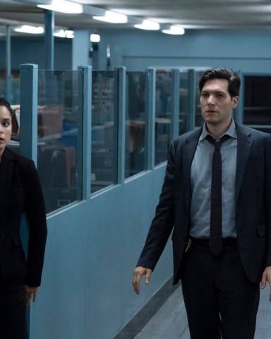 THE CALLING -- "Blameless and Upright" Episode 108 -- Pictured: (l-r) Juliana Canfield as Janine Harris, Jeff Wilbusch as Avraham Avraham -- (Photo by: Heidi Gutman/PEACOCK)