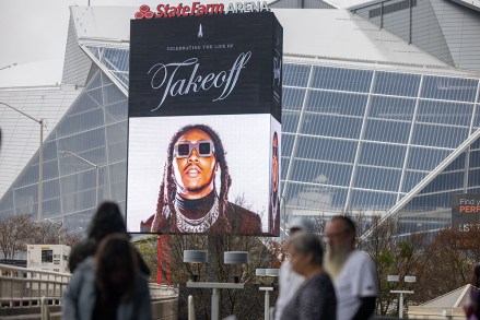 Signage memorializes the rapper Takeoff as  his funeral is held at State Farm Arena in Atlanta, Georgia on November 11th, 2022.
Takeoff Celebration of Life, State Farm Arena, Atlanta, Georgia, USA - 11 Nov 2022