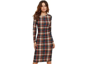 A woman in a plaid pencil dress.