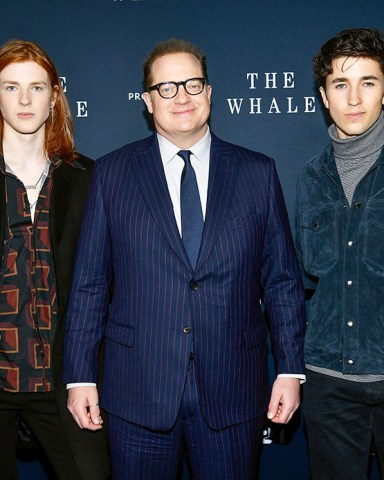 Actor Brendan Fraser, center, poses with his sons Leland Fraser, left, and Holden Fraser at the premiere of "The Whale" at Alice Tully Hall, in New York
NY Premiere of "The Whale", New York, United States - 29 Nov 2022