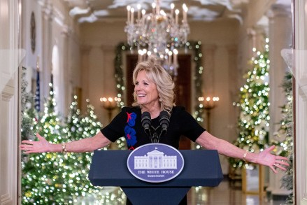 First lady Jill Biden speaks at an unveiling of this year's White House holiday theme and seasonal decor in the East Room at the White House in Washington
Jill Biden, Washington, United States - 28 Nov 2022