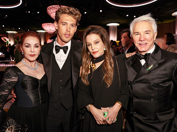 Priscilla Presley, Austin Butler, Lisa Marie Presley, and 'Elvis' director Baz Luhrmann pose at the 2023 Golden Globe Awards