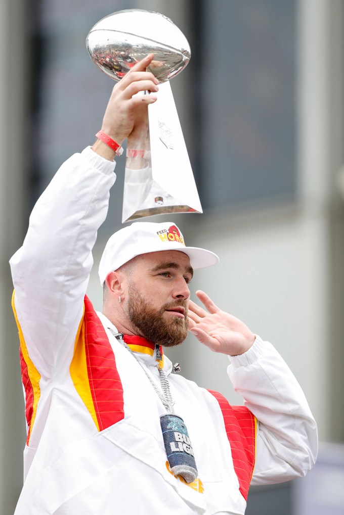 Travis Kelce Hoists The Trophy