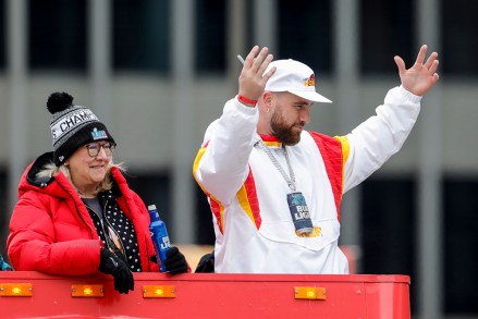 Travis Kelce, right, and his mother Donna Kelce, left, take part in the Kansas City Chiefs' victory celebration and parade in Kansas City, Mo., following the Chiefs' win over the Philadelphia Eagles Sunday in the NFL Super Bowl 57 football game
Super Bowl Chiefs Parade Football, Kansas City, United States - 15 Feb 2023