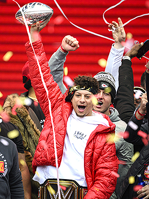 Kansas City Chiefs quarterback Patrick Mahomes and teammates celebrate during the Chiefs' victory celebration and parade in Kansas City, Mo., . The Chiefs defeated the Philadelphia Eagles Sunday in the NFL Super Bowl 57 football game
Super Bowl Chiefs Parade Football, Kansas City, United States - 15 Feb 2023