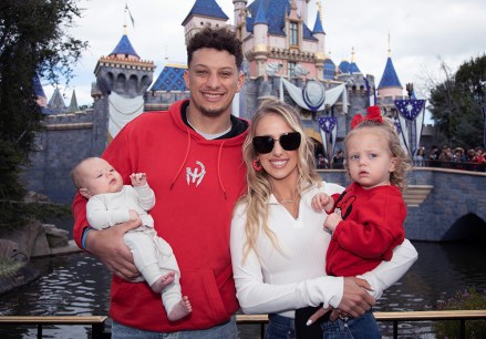 MVP Patrick Mahomes of the Kansas City Chiefs poses with his wife, Brittney Mahomes, their children, Sterling, 1, and Bronze, 11 weeks old, in front of Sleeping Beauty Castle at Disneyland Park in Anaheim, Calif., Feb. 13, 2023. Mahomes visited the Disneyland Resort during the Disney100 Celebration less than 24 hours after the Kansas City Chiefs victory over the Philadelphia Eagles in Super Bowl LVII. (Christian Thompson/Disneyland Resort)
MVP Patrick Mahomes Celebrates Super Bowl LVII Win with First Family Visit to Disneyland Resort, Anaheim, CA, USA - 13 Feb 2023