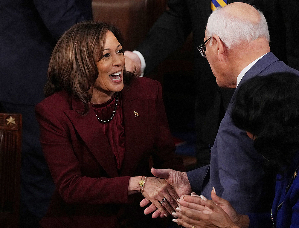 Vice President Kamala Harris is greeted by members as she arrives before President Joe Biden's State of the Union address to a joint session of Congress in Washington, DC, on Tuesday, February 7, 2023. Biden is expected to tout his economic achievements over the past two years and outline the national budget that he will send to Congress on March 9.
President Biden State of the Union Address, Washington, District of Columbia, United States - 07 Feb 2023