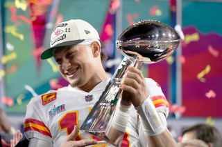 Kansas City Chiefs quarterback Patrick Mahomes (15) holds the trophy after their win against the Philadelphia Eagles in the NFL Super Bowl 57 football game, in Glendale, Ariz. The Kansas City Chiefs defeated the Philadelphia Eagles 38-35
Super Bowl Football, Glendale, United States - 12 Feb 2023