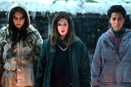 (L-R): Courtney Eaton as Teen Lottie, Sophie Nélisse as Teen Shauna and Jasmin Savoy Brown as Teen Taissa in YELLOWJACKETS, "Edible Complex'. Photo Credit: Kailey Schwerman/SHOWTIME.