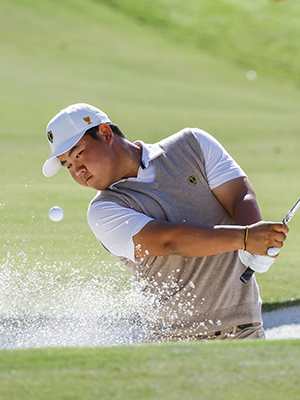 Tom Kim, of South Korea, hits out of a bunker on the 12th hole at the Presidents Cup golf championship in Charlotte, North Carolina on Saturday, September 24, 2022.
President's Cup Golf Championship in Charlotte, Nc, North Carolina, United States - 24 Sep 2022