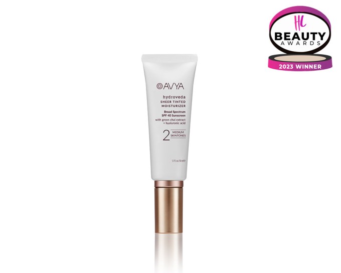 BEST TINTED MOISTURIZER – AYVA Skincare Hydroveda Sheer Tinted Moisturizer SPF 40 Shade 2, $38, amazon.com