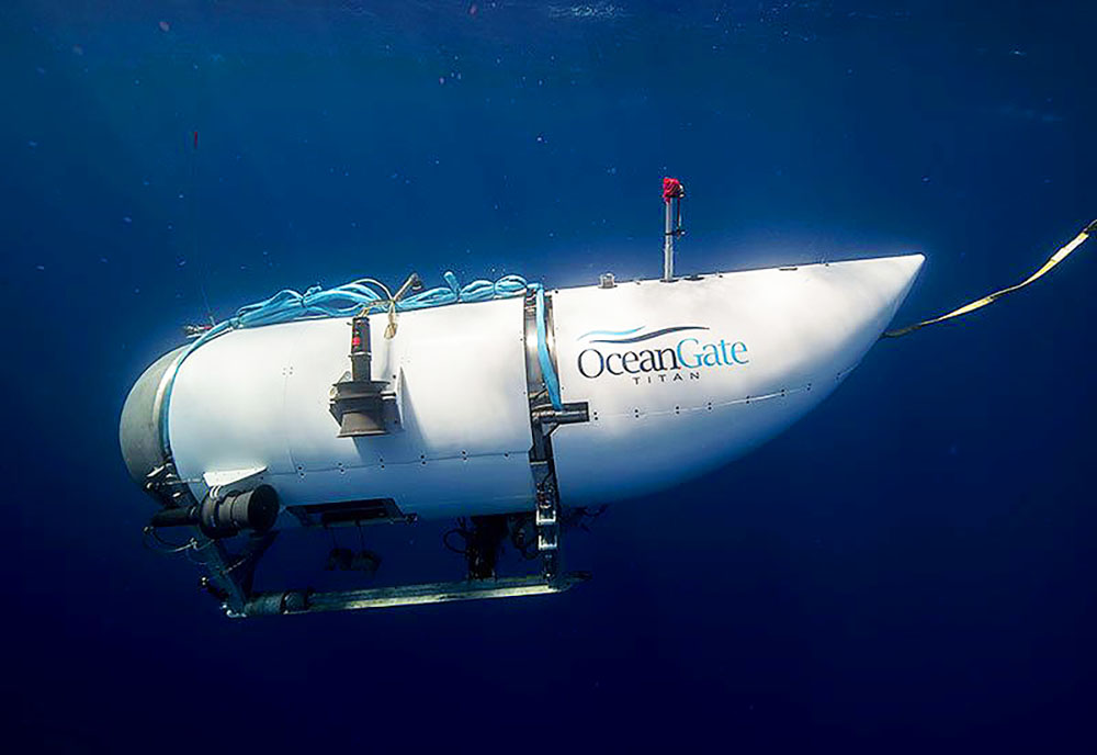 File photo the Titan submersible, operated by OceanGate Expeditions to explore the wreckage of the sunken SS Titanic. Rescuers were scouring thousands of square miles in the remote North Atlantic for a fourth day on Wednesday June 21, 2023, racing against time to find a missing submersible after it disappeared while taking wealthy tourists to see the wreckage of the Titanic in deep waters off Canada's coast. The 21-foot Titan has the capacity to stay underwater for 96 hours, according to its specifications - giving the five people aboard until Thursday (June 22) morning before the air runs out. One pilot and four passengers were inside the submersible early on Sunday (June 18) when it lost communication with a ship on the surface about an hour and 45 minutes into its dive.(OceanGate Expeditions/Handout via EYEPRESS)
Image of the Missing Titan Submarine, Atlantic Ocean - 22 Jun 2023