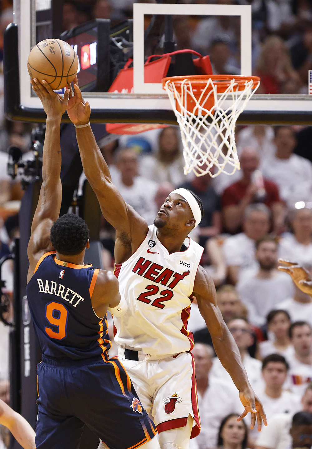 SHUTTERSTOCK OUT
Mandatory Credit: Photo by RHONA WISE/EPA-EFE/Shutterstock (13902849f)
Miami Heat forward Jimmy Butler (R) blocks a shot from New York Knicks guard RJ Barrett (L) during the first half of the NBA basketball Eastern Conference Semifinals playoff game three between the Miami Heat and the New York Knicks at the Kaseya Center in Miami, Florida, USA, 06 May 2023.
NBA Playoffs -  New York Knicks at Miami Heat, USA - 06 May 2023