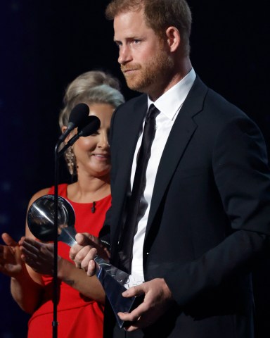 HOLLYWOOD, CALIFORNIA - JULY 11: Prince Harry, Duke of Sussex accepts the Pat Tillman Award onstage during the 2024 ESPY Awards at Dolby Theatre on July 11, 2024 in Hollywood, California.  (Photo by Frazer Harrison/Getty Images)