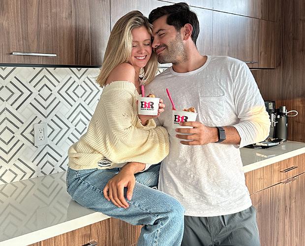 Hannah Godwin and Dylan Barbour trying Baskin Robbins dessert