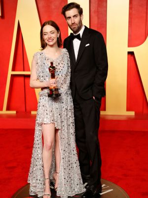 Emma Stone and Dave McCary at the 2024 Vanity Fair Oscar Party