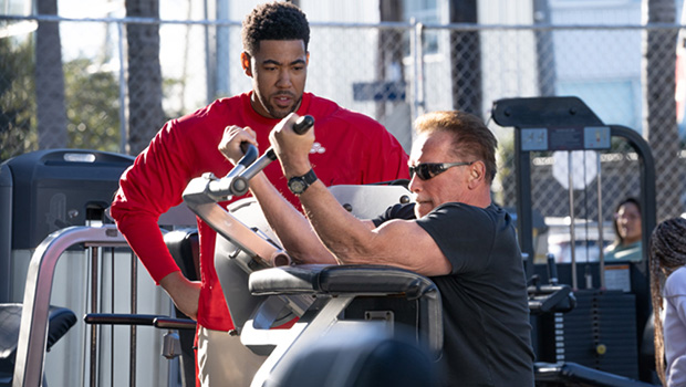 Date: January 12th 2024. Photo Credit: MOVI Inc.Like a good … workout partner? Action movie icon Arnold Schwarzenegger and Jake from State Farm were seen working out together at the famous Gold’s Gym in Venice, CA.