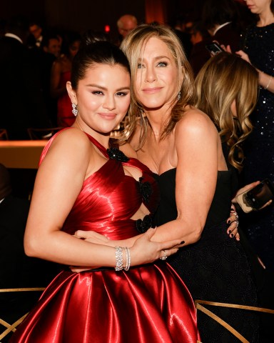 Selena Gomez and Jennifer Aniston at the 81st Annual Golden Globe Awards, airing live from the Beverly Hilton in Beverly Hills, California on Sunday, January 7, 2024, at 8 PM ET/5 PM PT, on CBS and streaming on Paramount+. Photo: Francis Specker/CBS ©2024 CBS Broadcasting, Inc. All Rights Reserved.