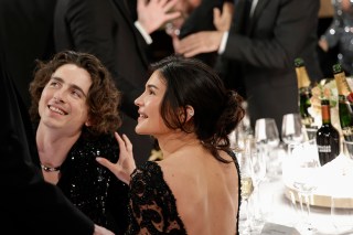 Timothee Chalame and Kylie Jenner at the 81st Annual Golden Globe Awards, airing live from the Beverly Hilton in Beverly Hills, California on Sunday, January 7, 2024, at 8 PM ET/5 PM PT, on CBS and streaming on Paramount+. Photo: Francis Specker/CBS ©2024 CBS Broadcasting, Inc. All Rights Reserved.