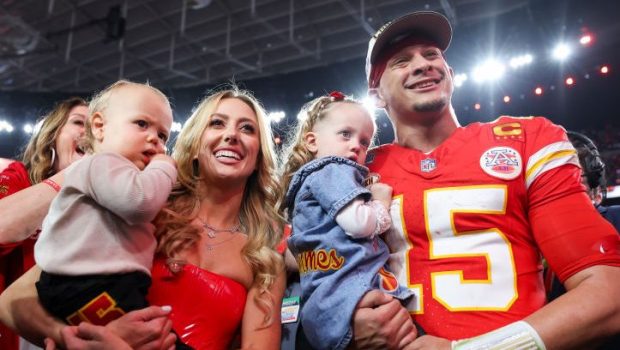 LAS VEGAS, NV - FEBRUARY 11: Patrick Mahomes #15 of the Kansas City Chiefs celebrates with his family after Super Bowl LVIII against the San Francisco 49ers at Allegiant Stadium on February 11, 2024 in Las Vegas, NV. (Photo by Perry Knotts/Getty Images)