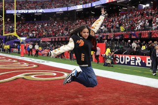 LAS VEGAS, NEVADA - FEBRUARY 11: American Rapper Jay-Z's daughter, Blue Ivey Carter, reacts before Super Bowl LVIII between the San Francisco 49ers and Kansas City Chiefs at Allegiant Stadium on February 11, 2024 in Las Vegas, Nevada. (Photo by Ezra Shaw/Getty Images)