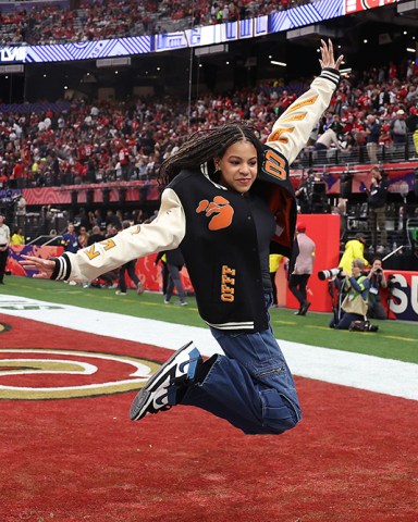 LAS VEGAS, NEVADA - FEBRUARY 11: American Rapper Jay-Z's daughter, Blue Ivey Carter, reacts before Super Bowl LVIII between the San Francisco 49ers and Kansas City Chiefs at Allegiant Stadium on February 11, 2024 in Las Vegas, Nevada. (Photo by Ezra Shaw/Getty Images)