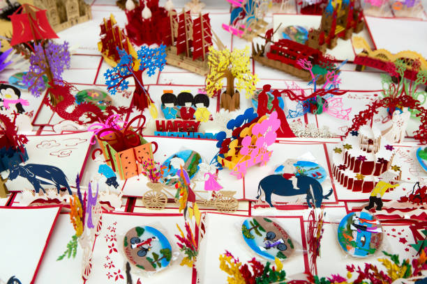 various 3D pop up cards on a table