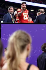 LAS VEGAS, NEVADA - FEBRUARY 11: Travis Kelce #87 of the Kansas City Chiefs waves to Taylor Swift after defeating the San Francisco 49ers 25-22 during Super Bowl LVIII at Allegiant Stadium on February 11, 2024 in Las Vegas, Nevada. (Photo by Ezra Shaw/Getty Images)