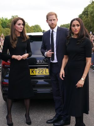 Princess Kate, Prince William, Prince of Wales, Prince Harry, Duke of Sussex, and Meghan, Duchess of Sussex at Windsor Castle on September 10, 2022