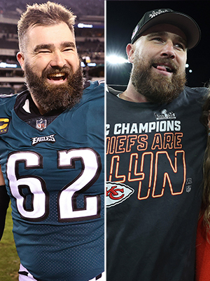 Jason Kelce at one of his games, Travis Kelce and Taylor Swift at game.