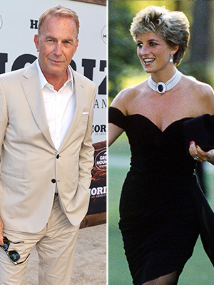 Kevin Costner posing at event and Princess Diana in a dress.