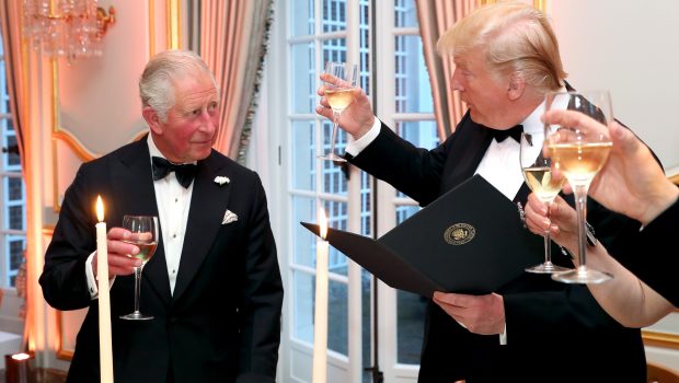 LONDON, ENGLAND - JUNE 04: US President Donald Trump (R) and First Lady Melania Trump host a dinner at Winfield House for Prince Charles, Prince of Wales (L) and Camilla, Duchess of Cornwall, during their state visit on June 04, 2019 in London, England. President Trump's three-day state visit began with lunch with the Queen, followed by a State Banquet at Buckingham Palace, whilst today he attended business meetings with the Prime Minister and the Duke of York, before traveling to Portsmouth to mark the 75th anniversary of the D-Day landings. (Photo by Chris Jackson - WPA Pool/Getty Images)