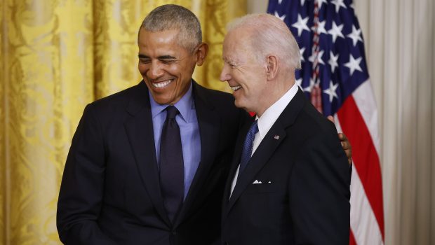 WASHINGTON, DC - APRIL 05: Former President Barack Obama (L) and U.S. President Joe Biden shake hands during an event to mark the 2010 passage of the Affordable Care Act in the East Room of the White House on April 05, 2022 in Washington, DC. With then-Vice President Joe Biden by his side, Obama signed 'Obamacare' into law on March 23, 2010. (Photo by Chip Somodevilla/Getty Images)