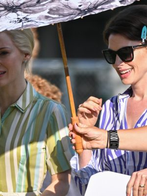 UNION COUNTY, NEW JERSEY - JUNE 13:  Anne Hathaway and Jessica Chastain (L) are seen filming on location for 'Mother's Instinct' on May 27, 2022 in Union County, New Jersey.  (Photo by James Devaney/GC Images)