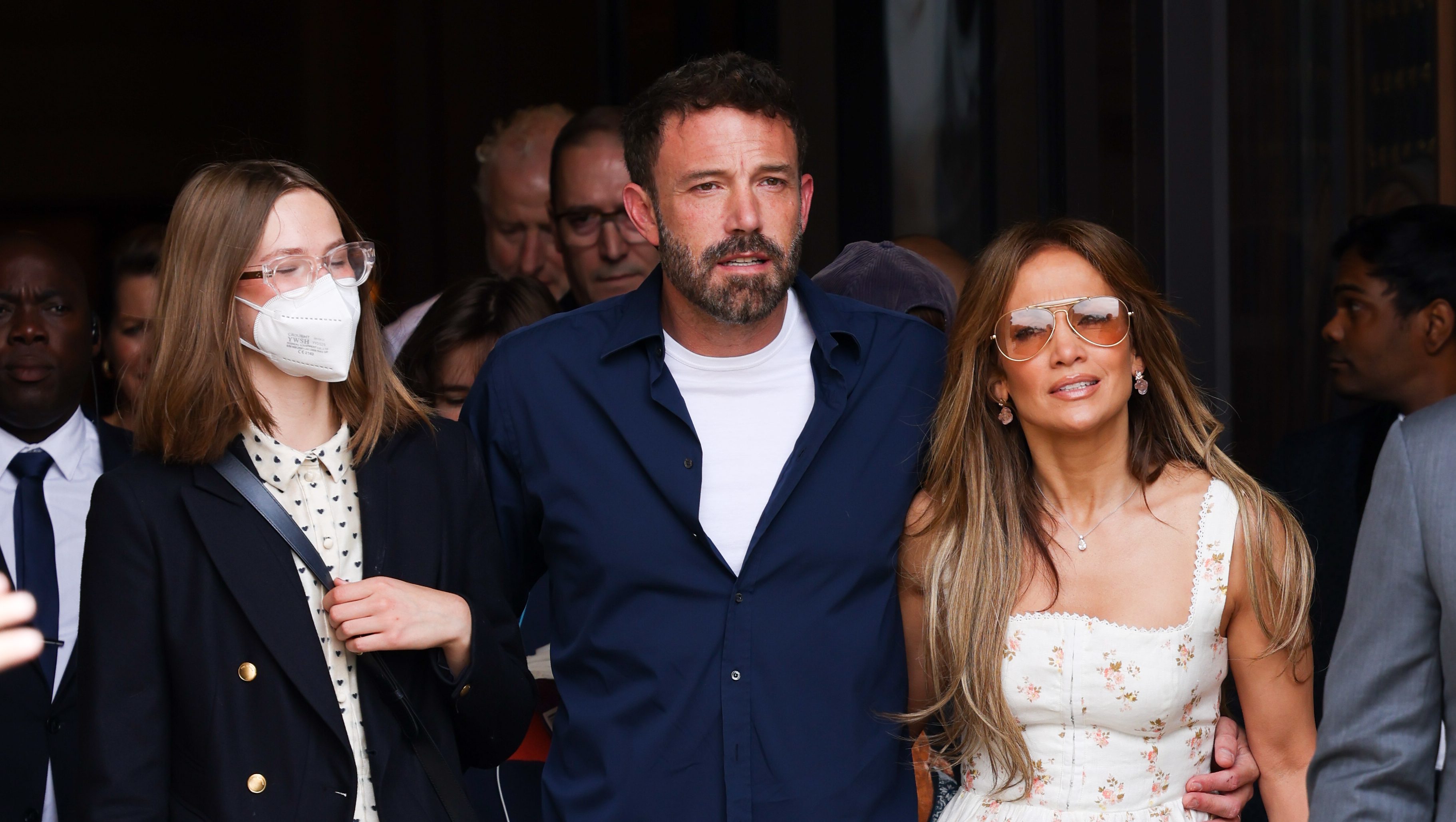 Violet Affleck, Ben Affleck and Jennifer Lopez are seen leaving their hotel on July 23, 2022 in Paris, France. (Photo by Pierre Suu/GC Images)