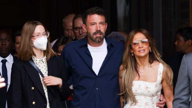 Violet Affleck, Ben Affleck and Jennifer Lopez are seen leaving their hotel on July 23, 2022 in Paris, France. (Photo by Pierre Suu/GC Images)