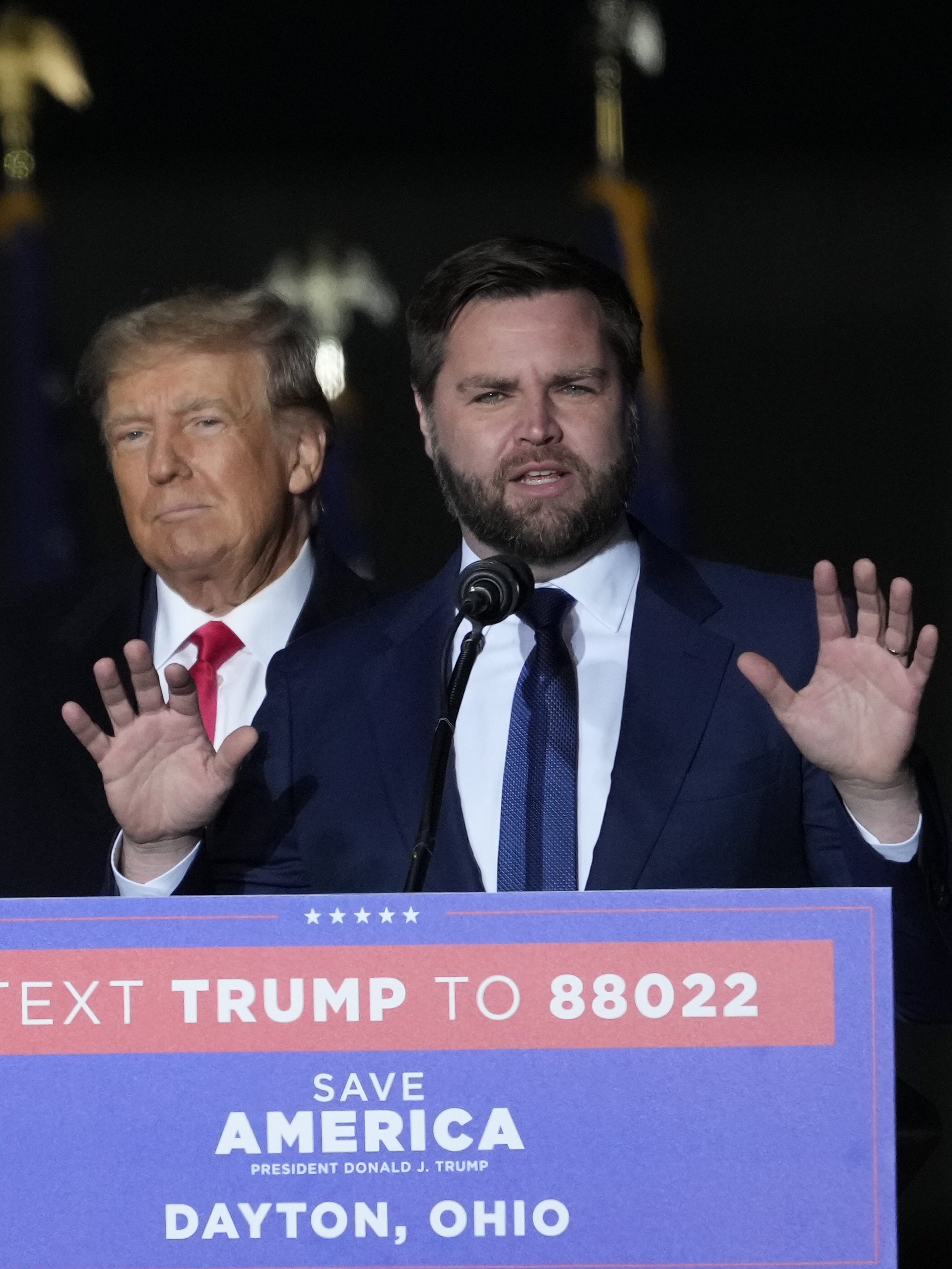 VANDALIA, OHIO - NOVEMBER 07: Former U.S. President Donald Trump and Republican candidate for U.S. Senate JD Vance during the rally at the Dayton International Airport on November 7, 2022 in Vandalia, Ohio. Trump campaigned at the rally for Ohio Republican candidates including Republican candidate for U.S. Senate JD Vance, who is running in a tight race against Democratic candidate for U.S. Senate Rep. Tim Ryan (D-OH). (Photo by Drew Angerer/Getty Images)