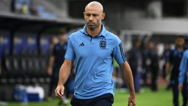 Argentina's head coach Javier Mascherano gestures after the end of the first half during the Venezuela 2024 CONMEBOL Pre-Olympic Tournament football match between Argentina and Paraguay at the Brigido Iriarte stadium in Caracas on February 8, 2024. (Photo by Federico Parra / AFP) (Photo by FEDERICO PARRA/AFP via Getty Images)