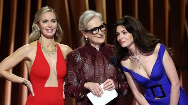 LOS ANGELES, CALIFORNIA - FEBRUARY 24: (L-R) Emily Blunt, Meryl Streep, and Anne Hathaway speak onstage during the 30th Annual Screen Actors Guild Awards at Shrine Auditorium and Expo Hall on February 24, 2024 in Los Angeles, California. (Photo by Matt Winkelmeyer/Getty Images)