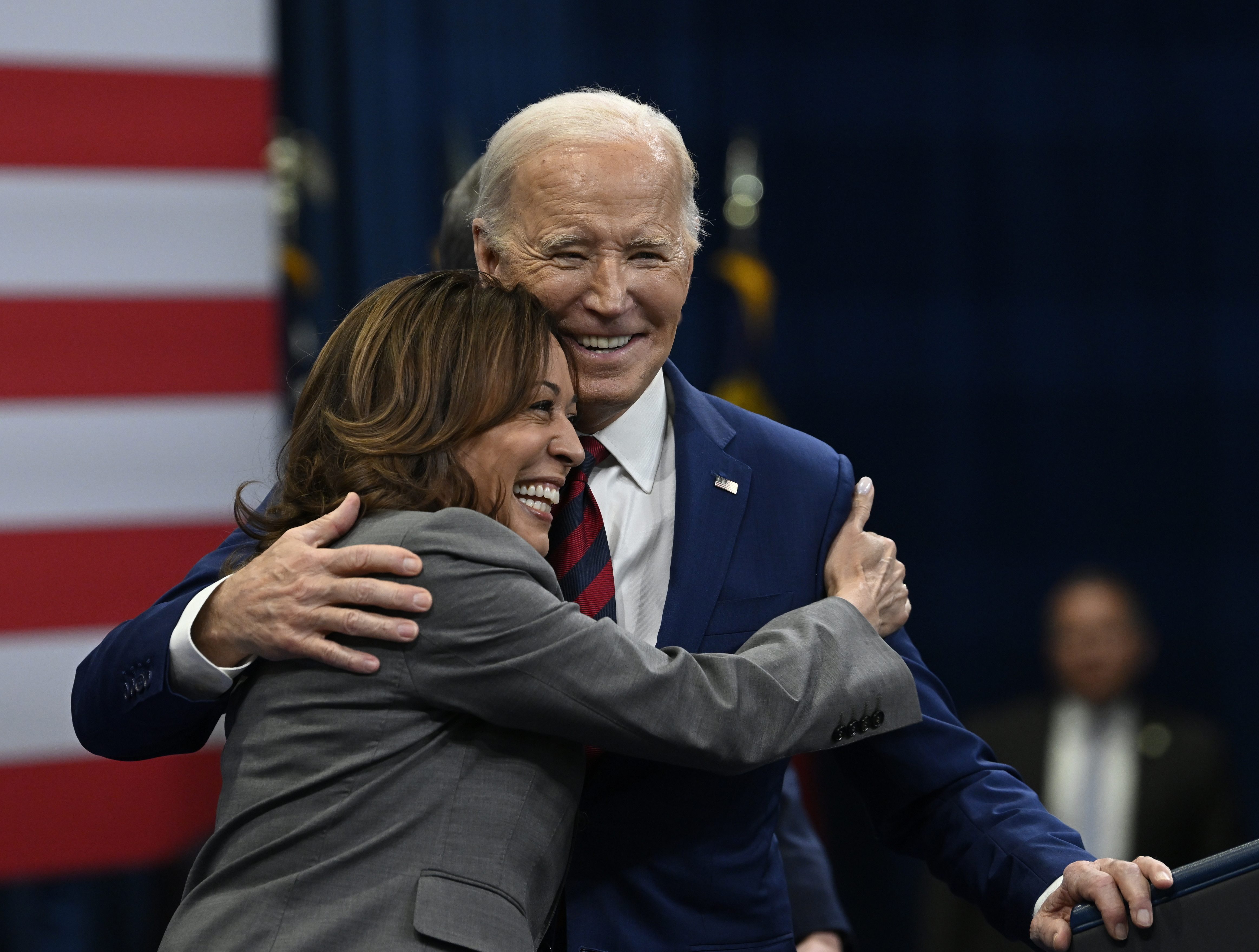 RALEIGH, USA - MARCH 26: US President Joe Biden (R) along with vice president Kamala Harris (L) and North Carolina governor Roy Cooper (not seen) delivers remarks about healthcare in Raleigh, North Carolina, United States on March 26, 2024. (Photo by Peter Zay/Anadolu via Getty Images)