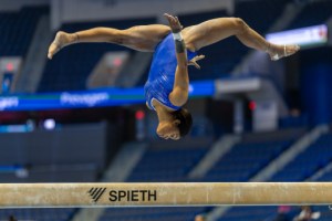 HARTFORD, CONNECTICUT: MAY 17: Gabby Douglas during podium training perfoms on the balance beam in preparation for the 2024 Core Hydration Classic at the XL Centre, Hartford on May 17th, 2024, in Hartford, Connecticut. USA. (Photo by Tim Clayton/Corbis via Getty Images)