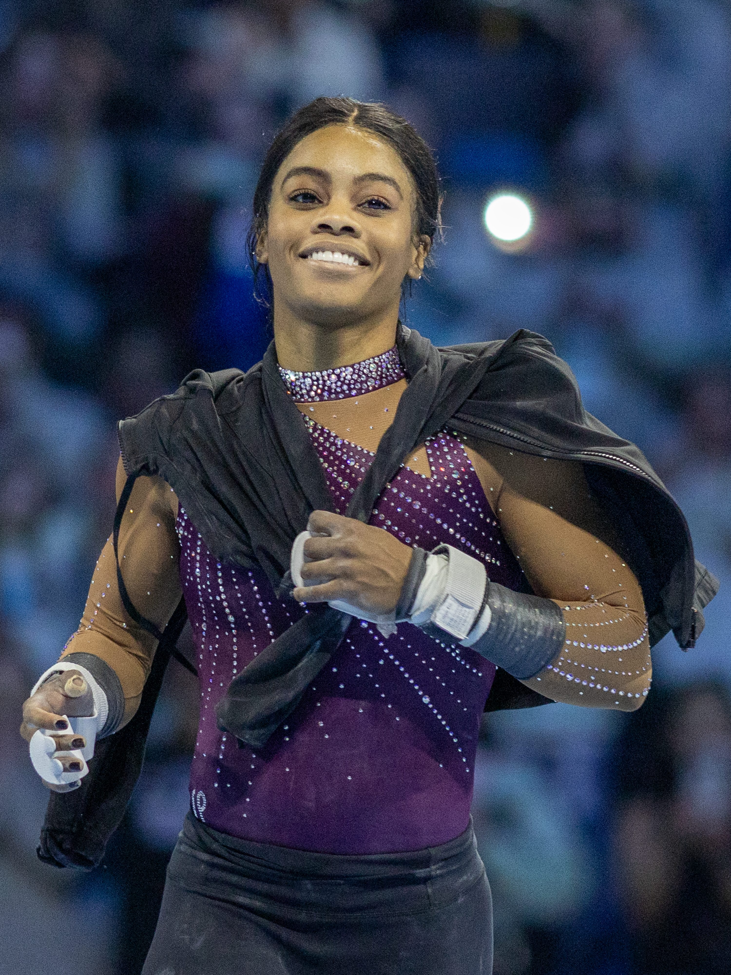 HARTFORD, CONNECTICUT:  MAY 18:  Gabby Douglas reacts as she is introduced to the spectators during the 2024 Core Hydration Gymnastics Classic at the XL Centre, Hartford on May 18th, 2024, in Hartford, Connecticut. USA. (Photo by Tim Clayton/Corbis via Getty Images)