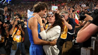 ROME, ITALY - JUNE 11: Gianmarco Tamberi of Team Italy celebrates winning the Gold medal with Wife Chiara Bontempi in the Men's High Jump Final on day five of the 26th European Athletics Championships - Rome 2024 at Stadio Olimpico on June 11, 2024 in Rome, Italy. (Photo by Michael Steele/Getty Images)