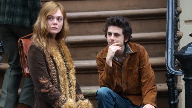 Elle Fanning and Timothee Chalamet are seen on the movie set of the 'A Complete Unknown' on June 11, 2024 in Hoboken, New Jersey.