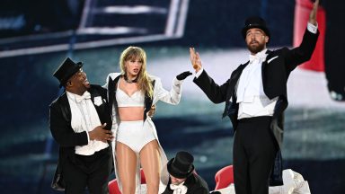 LONDON, ENGLAND - JUNE 23: (EDITORIAL USE ONLY. NO BOOK COVERS) EXCLUSIVE ACCESS. Taylor Swift is joined on stage by Travis Kelce (R), during "Taylor Swift | The Eras Tour" at Wembley Stadium on June 23, 2024 in London, England. (Photo by Gareth Cattermole/TAS24/Getty Images for TAS Rights Management )