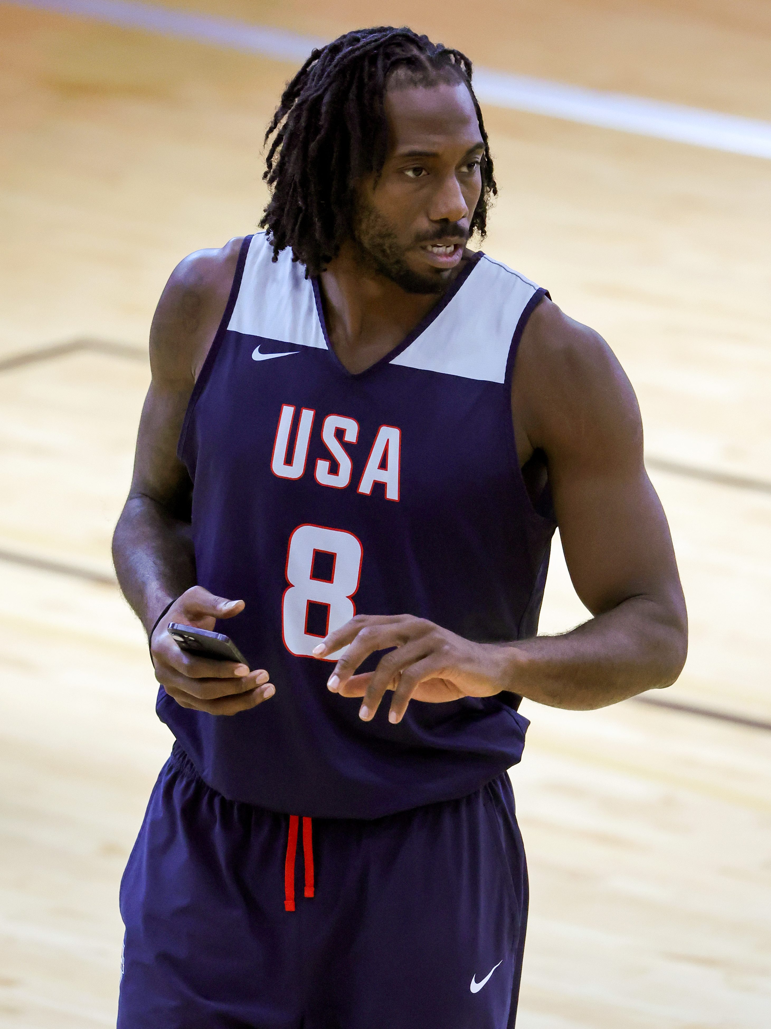 LAS VEGAS, NEVADA - JULY 08: Kawhi Leonard #8 of the 2024 USA Basketball Men's National Team walks on the court after a practice session during the team's training camp at the Mendenhall Center at UNLV on July 08, 2024 in Las Vegas, Nevada. (Photo by Ethan Miller/Getty Images)