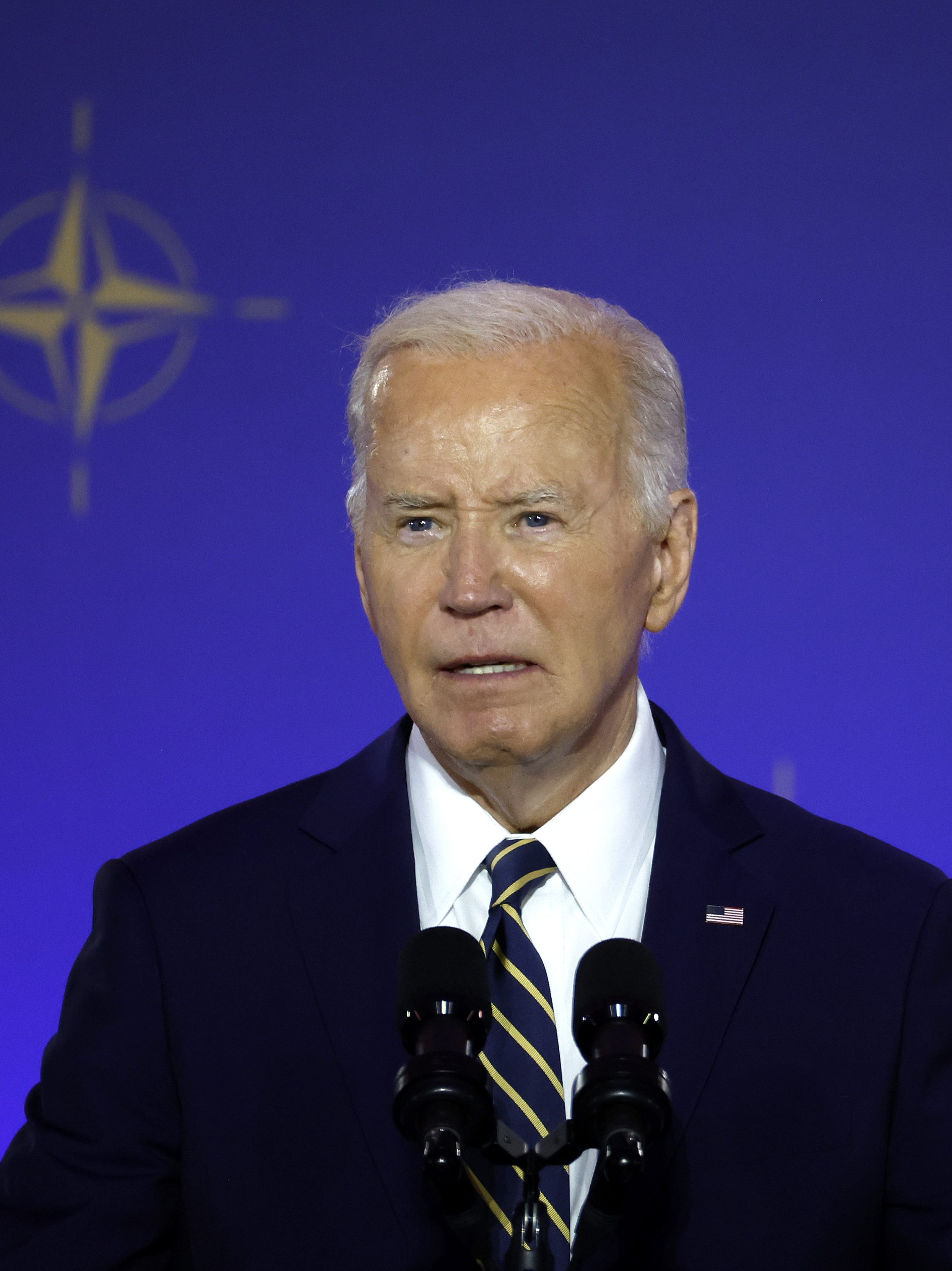 WASHINGTON, DC - JULY 09: U.S. President Joe Biden delivers remarks during the NATO 75th anniversary celebratory event at the Andrew Mellon Auditorium on July 9, 2024 in Washington, DC. NATO leaders convene in Washington this week for its annual summit to discuss future strategies and commitments and mark the 75th anniversary of the alliance’s founding. (Photo by Kevin Dietsch/Getty Images)