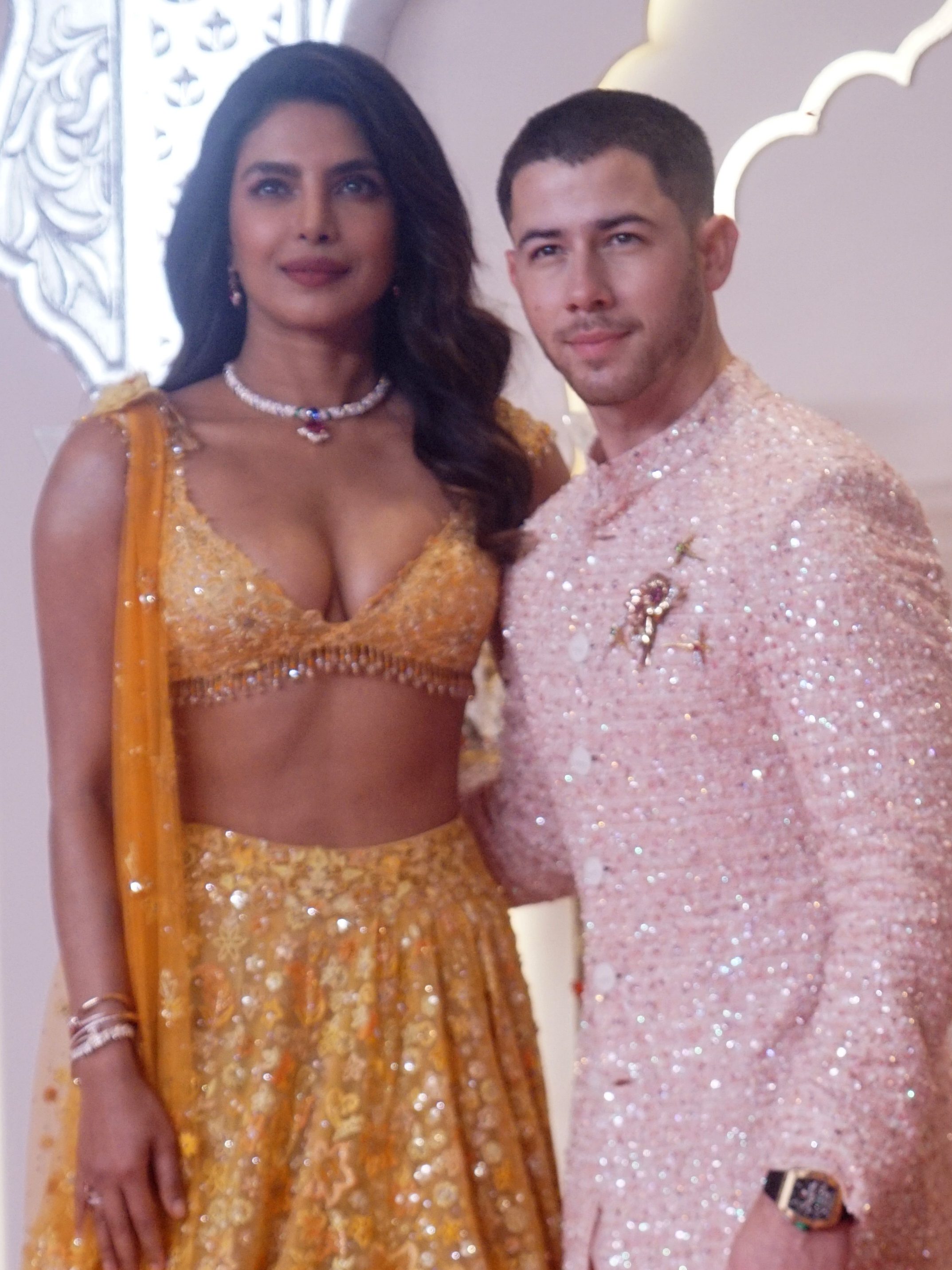 MUMBAI, INDIA - JULY 12 :  Priyanka Chopra and Nick Jonas attend the Lagna Vidhi of the wedding of Anant Ambani and Radhika Merchant on July 12, 2024 in Mumbai, India. (Photo by Prodip Guha/Getty Images)