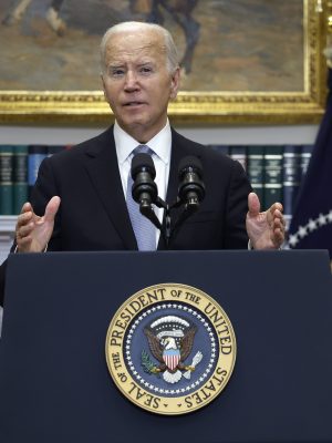 WASHINGTON, DC - JULY 14: U.S. President Joe Biden delivers remarks on the assassination attempt on Republican presidential candidate former President Donald Trump at the White House on July 14, 2024 in Washington, DC. A shooter opened fire injuring former President Trump, killing one audience member and injuring others during a campaign event in Butler, Pennsylvania on July 13. Biden was joined by Vice President Kamala Harris and Attorney General Merrick Garland. (Photo by Kevin Dietsch/Getty Images)